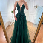 Vestido de fiesta de lujo de encaje verde salvia con tirantes finos, corte A, LA73005