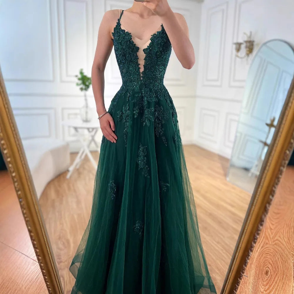 Vestido de fiesta de lujo de encaje verde salvia con tirantes finos, corte A, LA73005