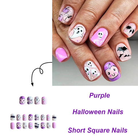 24 uñas postizas coreanas bonitas, brillantes, moradas, cortas, redondas, con diseño de calavera fantasma blanca y murciélago negro. 