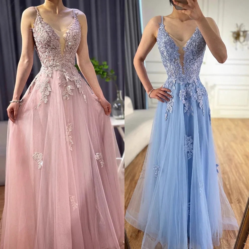 Vestido de fiesta de lujo de encaje verde salvia con tirantes finos, corte A, LA73005