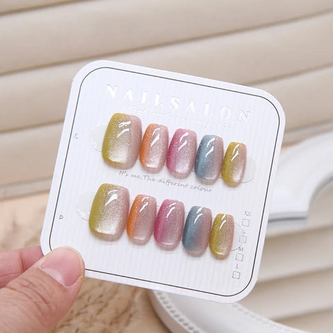 10 piezas de parches para uñas de ojo de gato multicolor elegantes y a la moda para mujer, parches para uñas desmontables, parches para uñas teñidas, parches transparentes para uñas. 