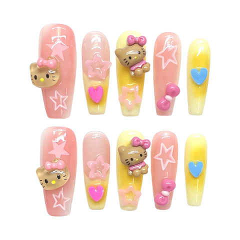 10 uñas postizas hechas a mano, estilo francés, rosas y amarillas, largas, estilo ataúd, 3D, con lazos de gato, decoración de uñas postizas, manicura artística. 