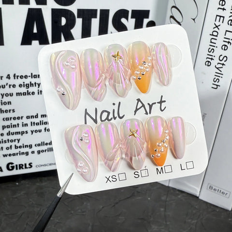 10 uñas postizas Aurora con diseño de conchas 3D, diseño de estrellas Y2K, color naranja degradado y almendra, manicura hecha a mano. 