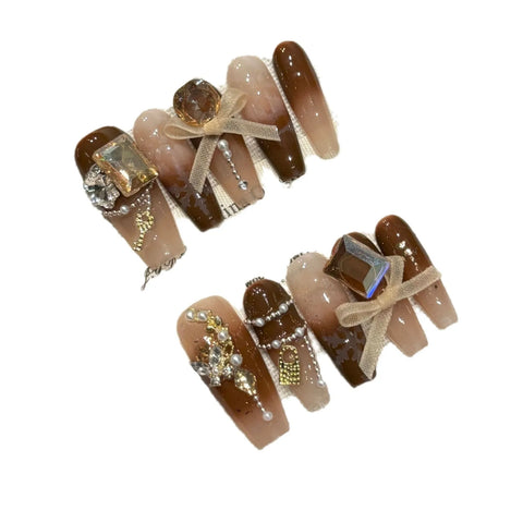 10 Stück Farbverlauf Braun Herbst Press On Nails Glänzende Strass Schleifenkette Handgemachte Falsche Nägel Mittellange Ballett Maniküre Kunst 