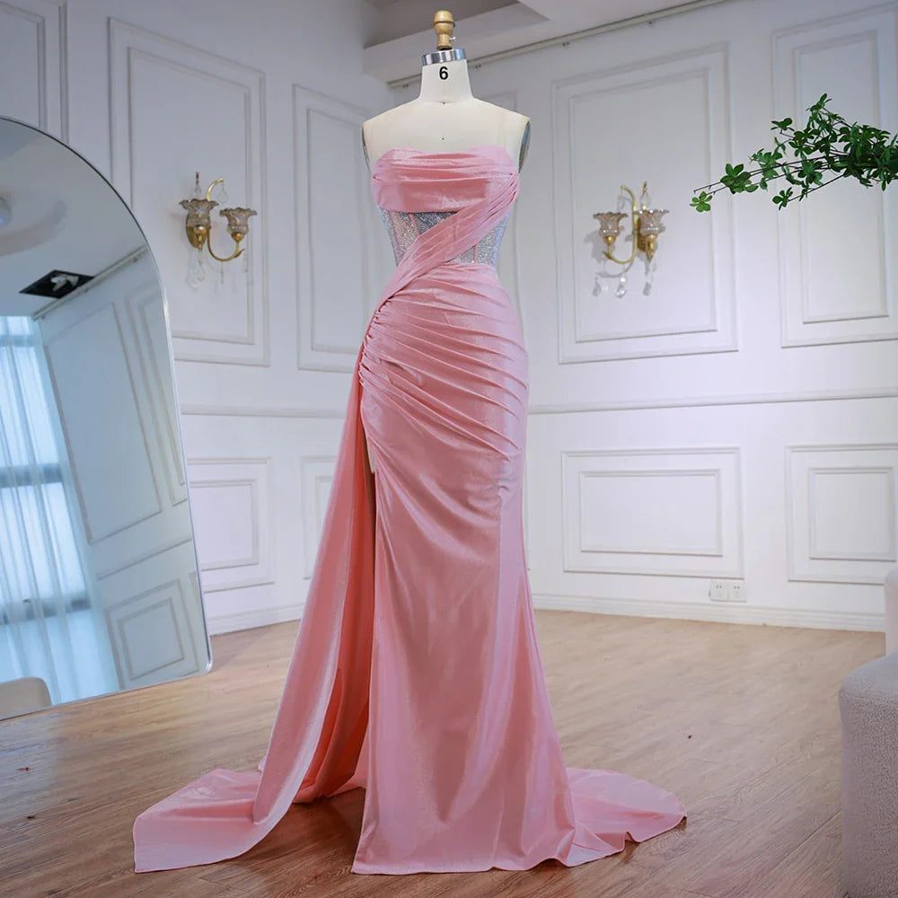 Elegante vestido de fiesta rosa brillante con abertura LA72997
