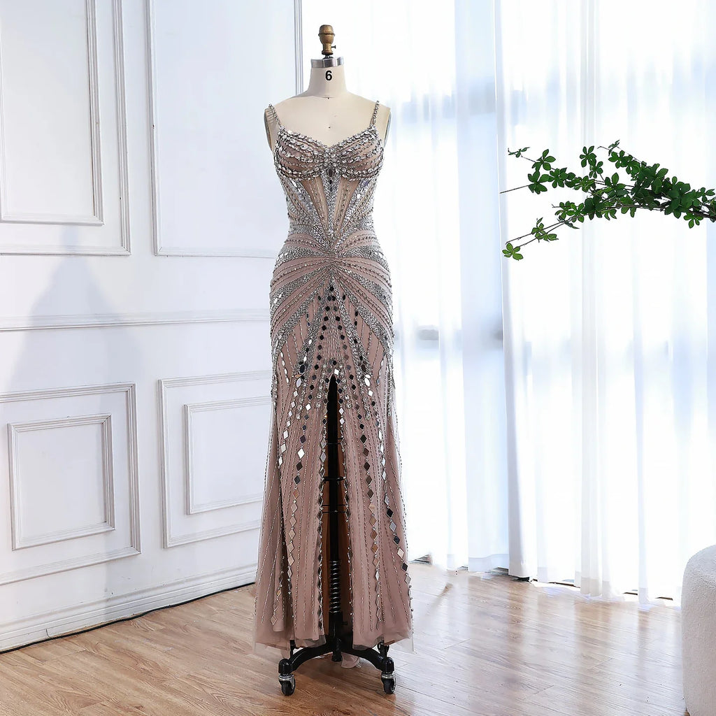 Luxuriöses, nudefarbenes Meerjungfrauen-Abendkleid mit Korsett und Perlenbesatz LA72803A