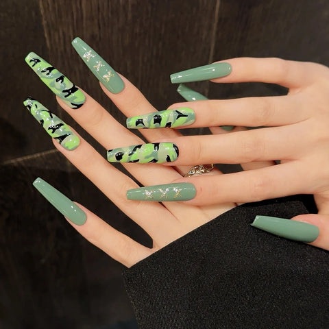 10pcs Long Coffin Army Green False Nail Patches Ballerina Spring Summer Wearable Handmade Press On Nails Full Cover Manicure Art