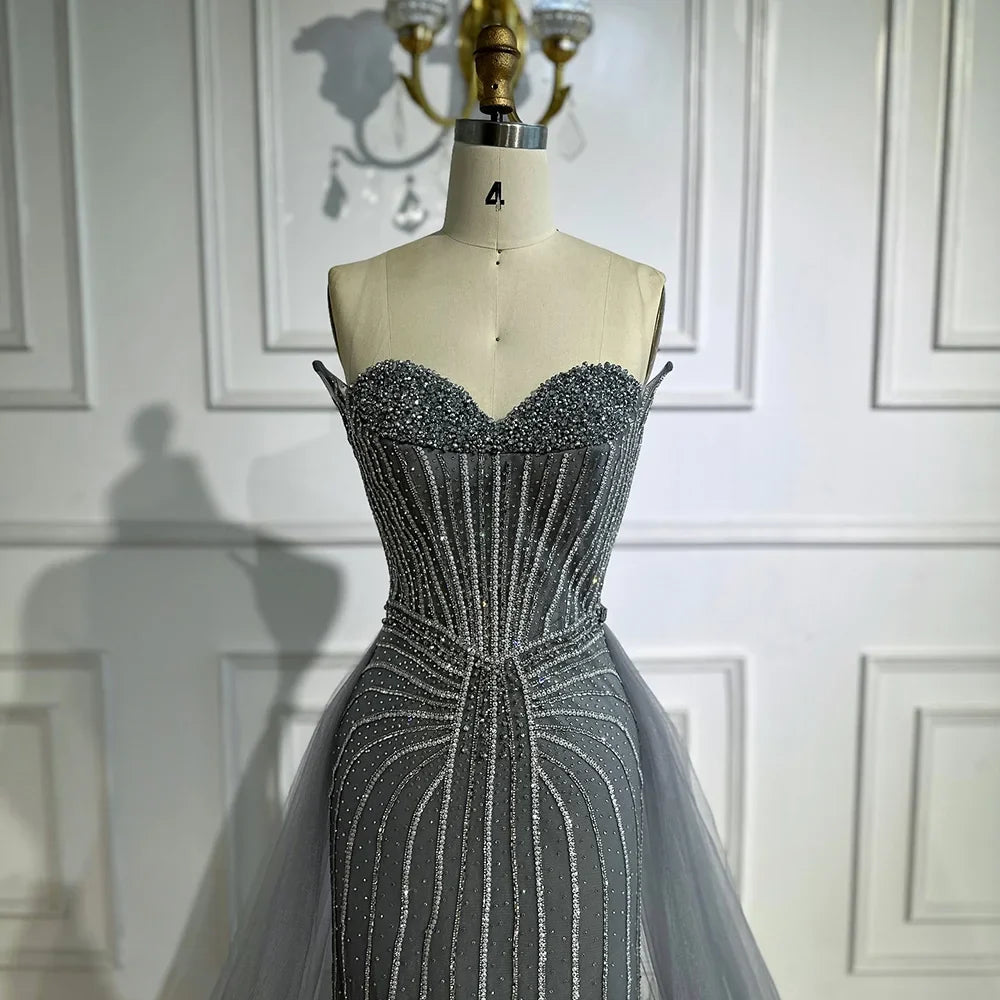 Abendkleid im arabischen Meerjungfrauenstil mit rosa Perlen und Überrock, besetzt mit rosa Perlen, LA72811B