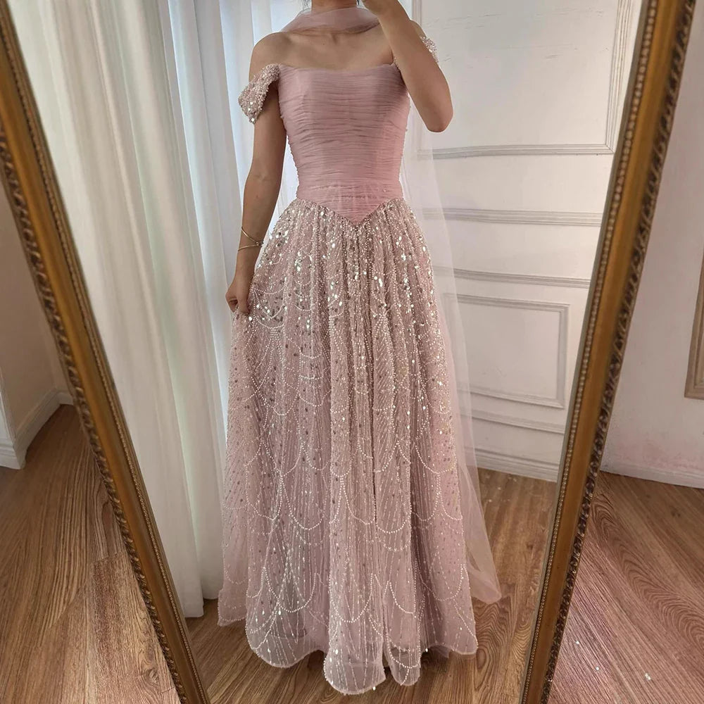 Vestido de noche árabe de lujo con cuentas de perlas rosas y capa LA72922