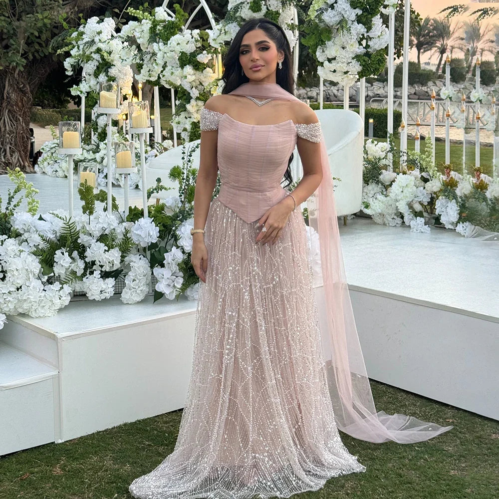 Vestido de noche árabe de lujo con cuentas de perlas rosas y capa LA72922