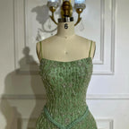 Vestido de noche de lujo verde salvia con cuentas, corte A y tirantes finos LA72805 