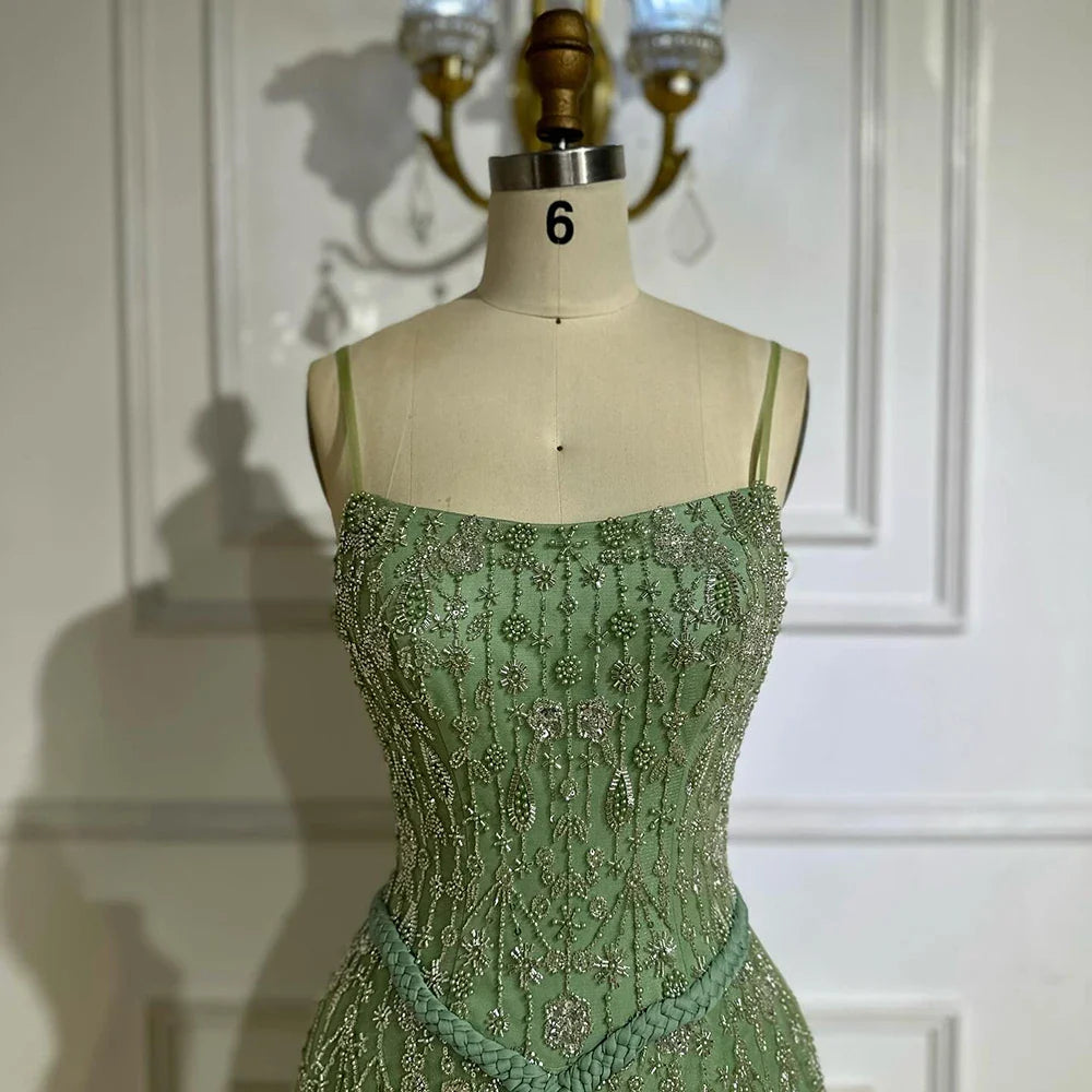 Vestido de noche de lujo verde salvia con cuentas, corte A y tirantes finos LA72805 