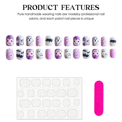 24 uñas postizas coreanas bonitas, brillantes, moradas, cortas, redondas, con diseño de calavera fantasma blanca y murciélago negro. 