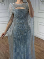 Luxuriöses blaues Diamant-Abendkleid mit Cape LA73426