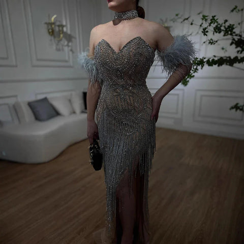 Luxury Silver Nude Mermaid Evening Dress with Beaded Tassel LA72083