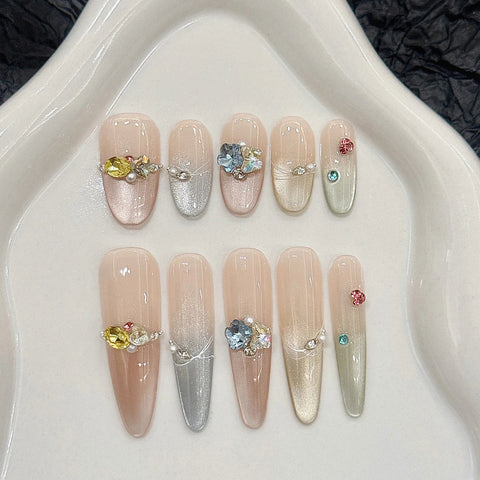 10 Stück bunte künstliche Nägel im französischen Stil, Dopamin, glänzendes Katzenauge, frisch, handgefertigt, zum Aufdrücken der Nägel, Sommer, glänzender Diamant, künstlicher Nagel 