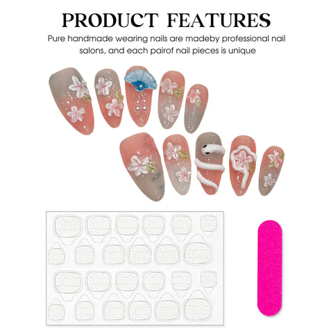 10 Stück Blush Pink Falsche Nagelflicken Handgemachte Mandelpresse auf Nägeln mit 3D Schlangenpfirsichblumendekor Koreanischer Stil Gefälschte Nagelkunst 