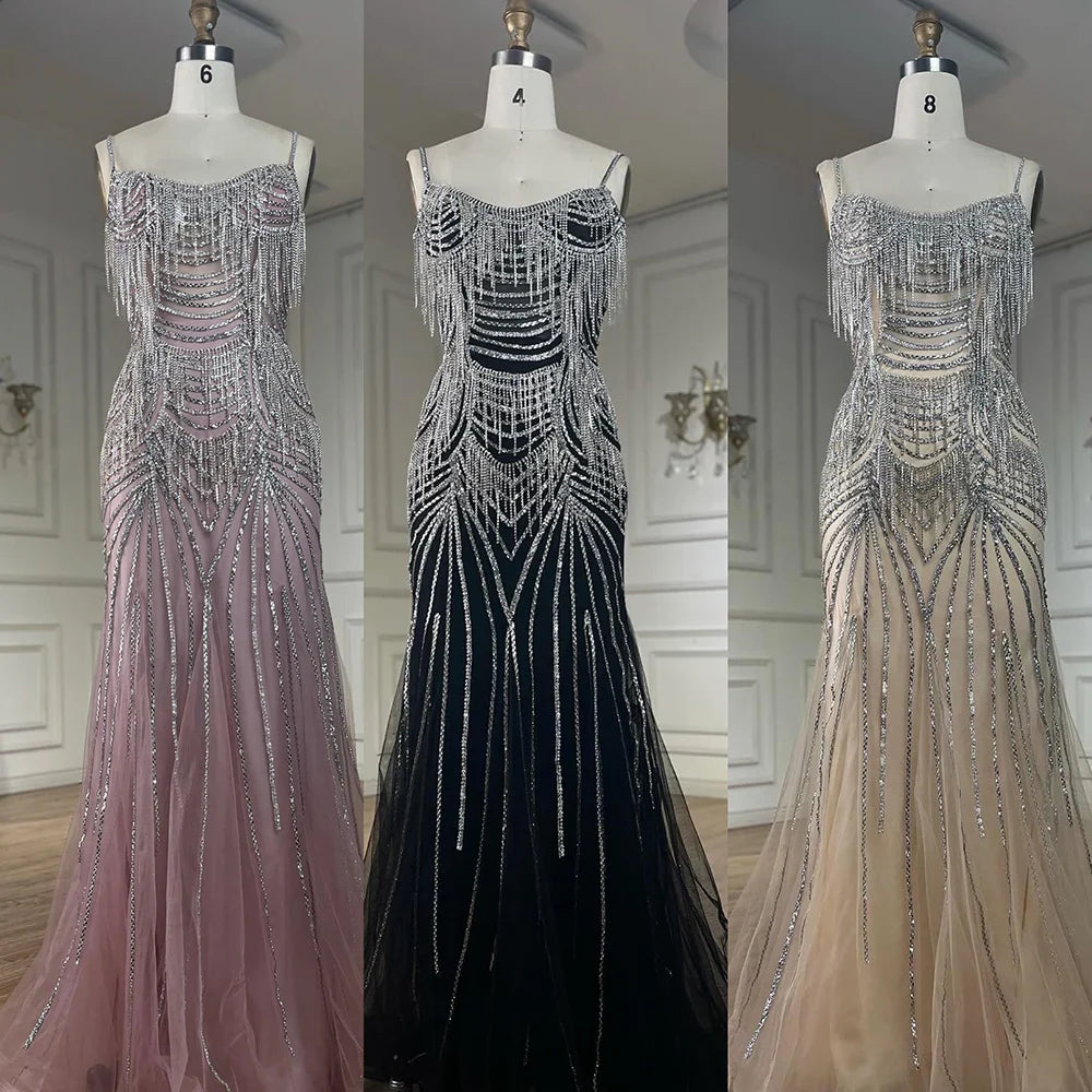 Luxuriöses, nudefarbenes, rosafarbenes Meerjungfrauen-Abendkleid mit Kristallquasten LA72772