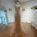 Luxuriöses, nudefarbenes, perlenbesetztes Meerjungfrauen-Abendkleid mit hohem Kragen, LA72897 