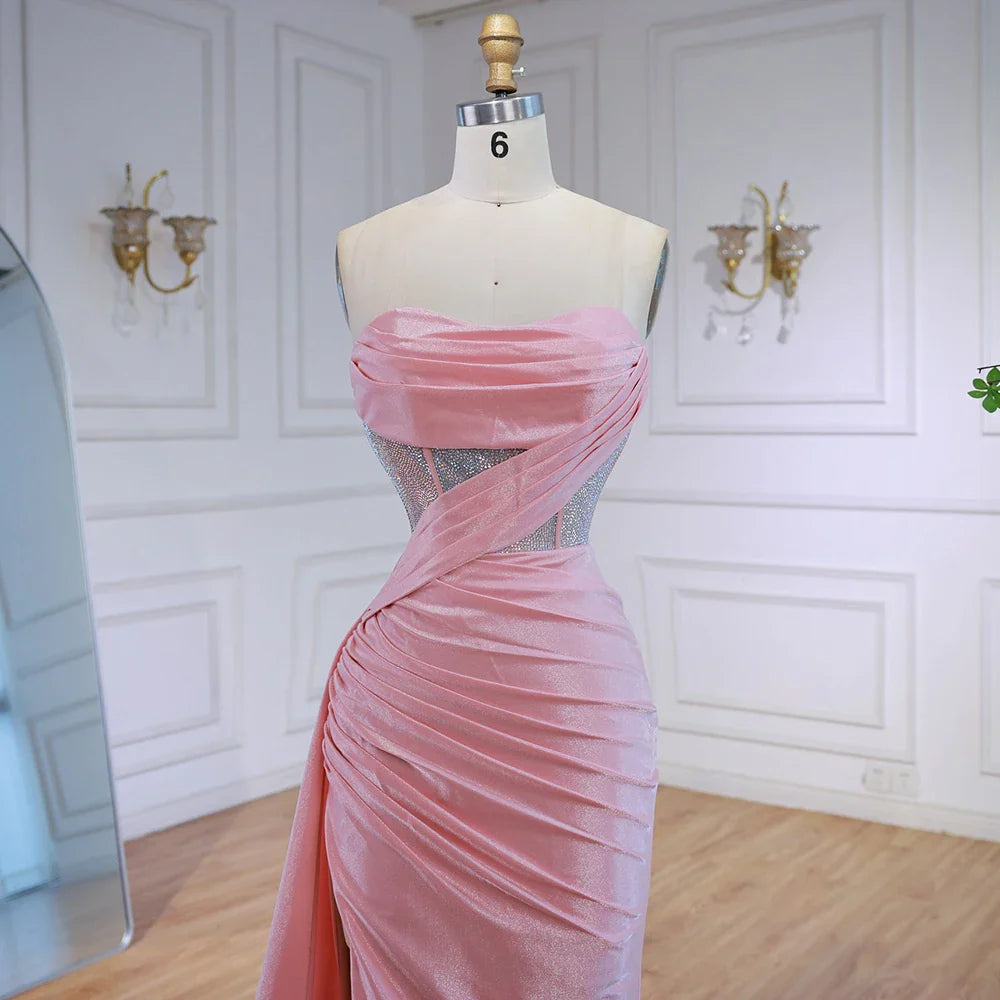 Elegante vestido de fiesta rosa brillante con abertura LA72997