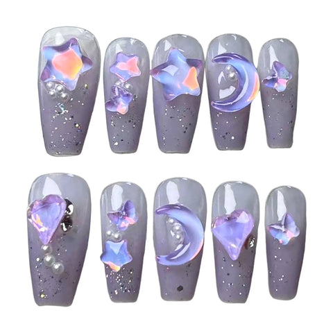 10 Stück abnehmbare Press-on-Nägel, Zuckercreme, funkelnde handgemachte künstliche Nägel, glänzend lila, falsche Nagelspitzen mit 3D-Mond-Stern-Design 