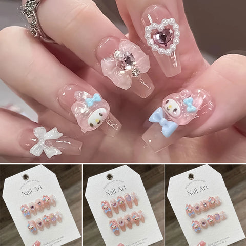 10 Stück handgemachte Press-On-Nägel, hellrosa, süßes Cartoon-Dekor, falsche Nagelflecken, 3D-Bögen, Perlendesign, koreanische gefälschte Nagelspitzen 