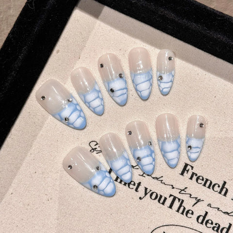 10 uñas postizas hechas a mano con estampado de cocodrilo, estilo francés, cobertura completa, almendra, para mujer. 
