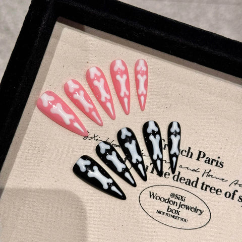 10 Stück Halloween-Thema Drücken Sie auf die Nägel Farbverlauf Katzenkrallenknochen Handgemachte künstliche Nägel Rosa und Schwarz Lange Stiletto Falsche Nagelflecken 