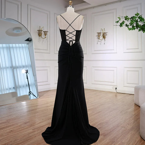 Black Beaded Classy Prom Dress with Spaghetti Straps LA73039