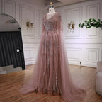 Elegante vestido de noche de corte A con cuentas y mangas estilo capa LA73056