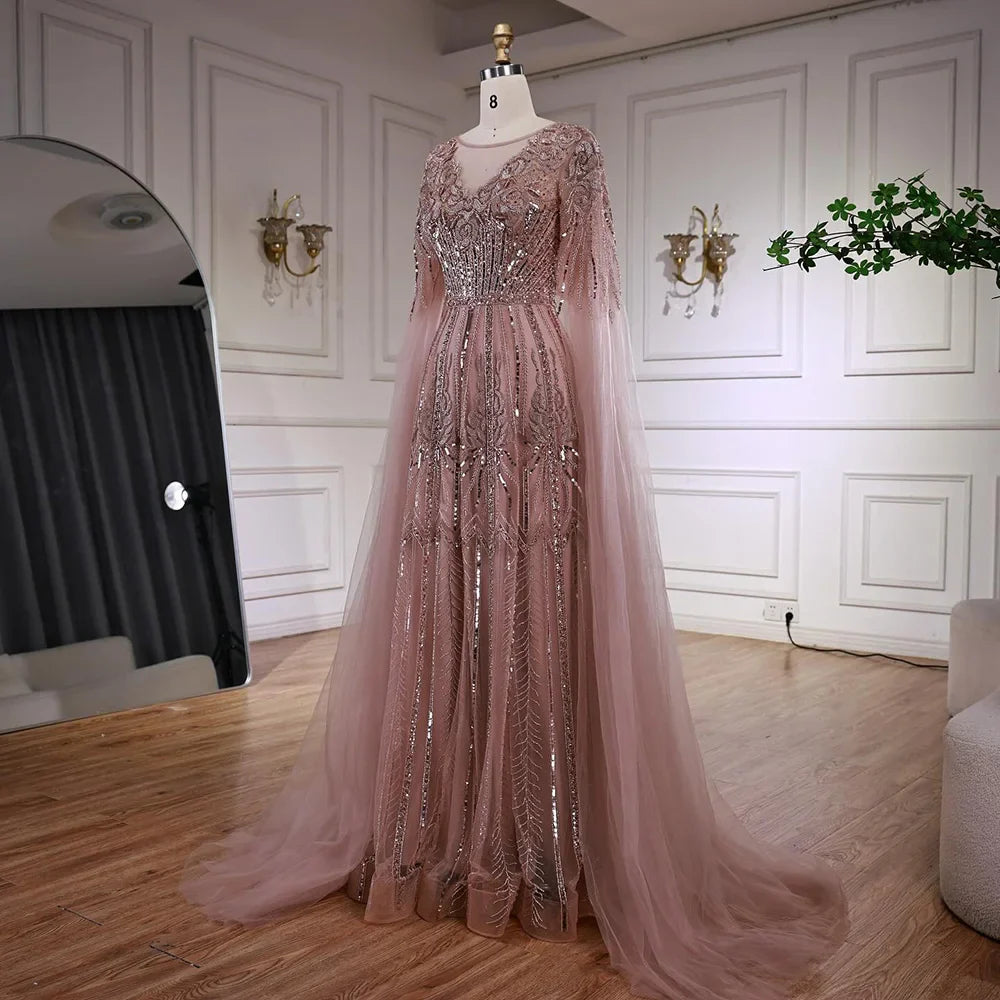 Elegante vestido de noche de corte A con cuentas y mangas estilo capa LA73056