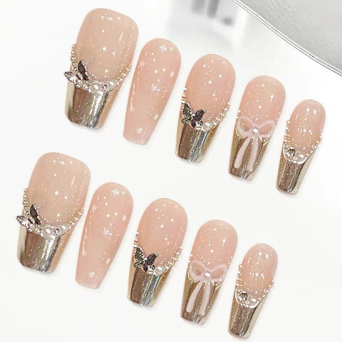 10 Stück handgefertigte französische Spitzen, falsche Nägel, mittellang, Sarg, künstliche Nägel, Metall, Schmetterling, Perle, Schleifen, Designs zum Aufdrücken der Nägel 