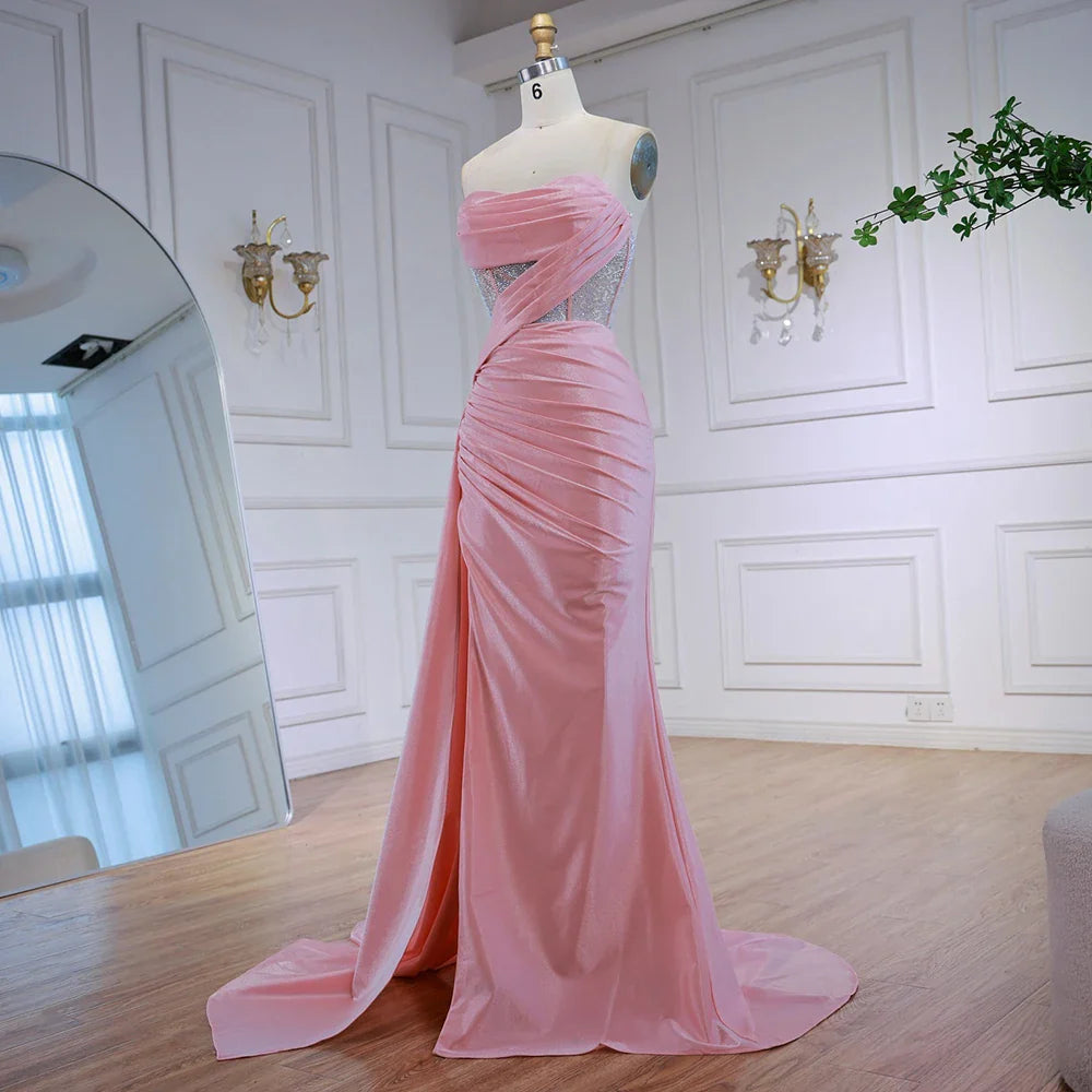 Elegante vestido de fiesta rosa brillante con abertura LA72997