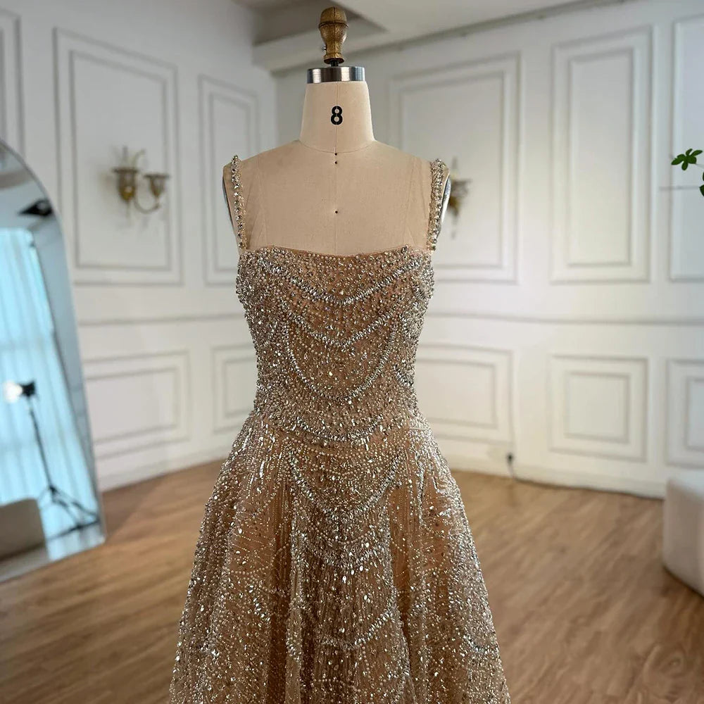 Vestido de noche de lujo color nude, corte A, con perlas y cristales LA72983A 