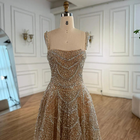 Luxury Nude A-Line Evening Dress with Pearls and Crystals LA72983A