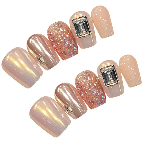 10 Stück kurze quadratische Press-On-Nägel, Aurora Pink, glänzende Strass-Designs, handgefertigte künstliche Nägel, tragbare Flash-Pailletten, falsche Nägel 