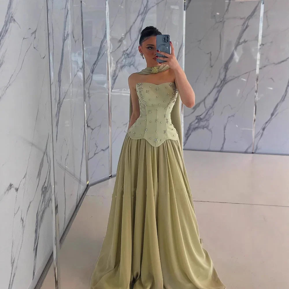 Elegantes salbeigrünes A-Linien-Abendkleid aus Chiffon LA73073 