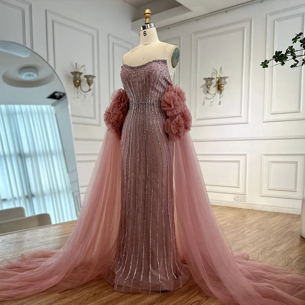 Luxuriöses rosafarbenes, perlenbesetztes Meerjungfrauen-Abendkleid im arabischen Stil mit Cape LA73019
