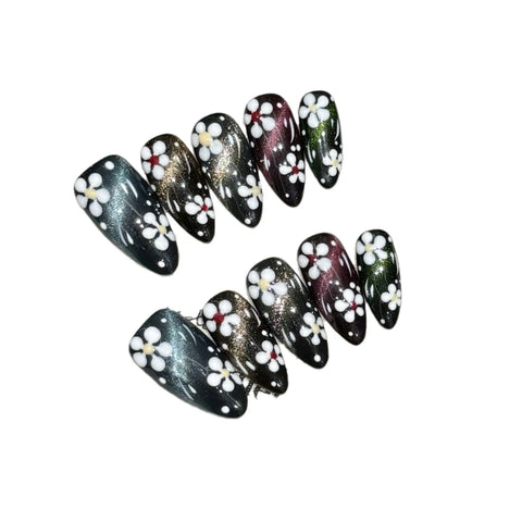 10 Stück bunte künstliche Nägel mit Blumenmalerei, handgefertigt, Aurora Black Press On Nails, abnehmbare mandelförmige künstliche Nagelspitzen für coole Mädchen 