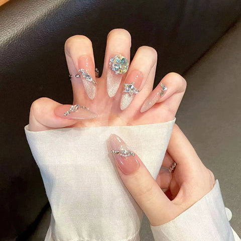 10 Stück Pailletten Katzenauge Aufdrücknägel Handgemachte rosa künstliche Nagelflicken mit Glitzer Diamant Designes Wiederverwendbare französische Kunstnägel 