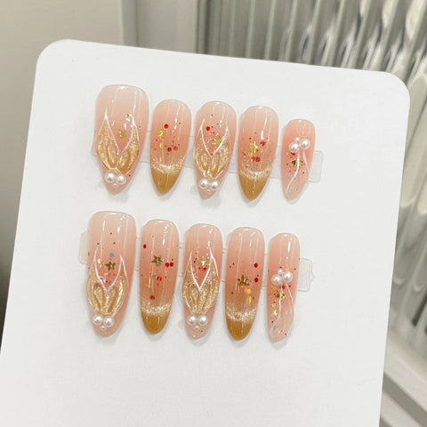 10pcs Shimmery Cat's Eye Handmade False Nails Hand-painted Gold Mermaid Tail Pearl Press On Nails Sweet Girls Almond Fake Nail