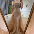Serene Hill Gold Mermaid Elegant One Shoulder Overskirt Beaded Luxury Evening Dresses Gowns For Women Wedding Party