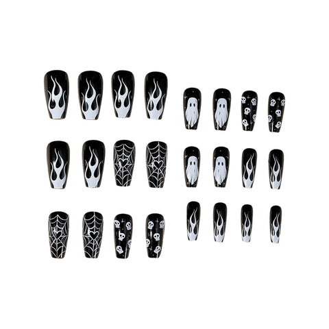 24 uñas postizas de calavera fantasma blanca para Halloween, uñas postizas de ataúd de longitud media en negro brillante, uñas postizas de telaraña negra con forma de corazón. 
