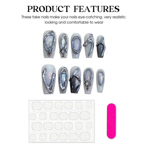 10pcs Baroque Handmade False Nails Mid-length Metal Graffiti Designs Press On Nails Y2k Punk Style Fake Nail Tips For Cool Girl