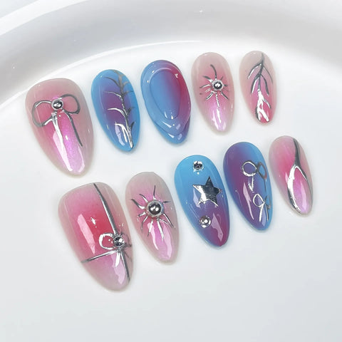 10 uñas postizas francesas negras con lazo, hechas a mano, brillantes, cortas, almendradas, para usar en salón de belleza. 