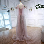Vestido de noche árabe de lujo con cuentas de perlas rosas y capa LA72922