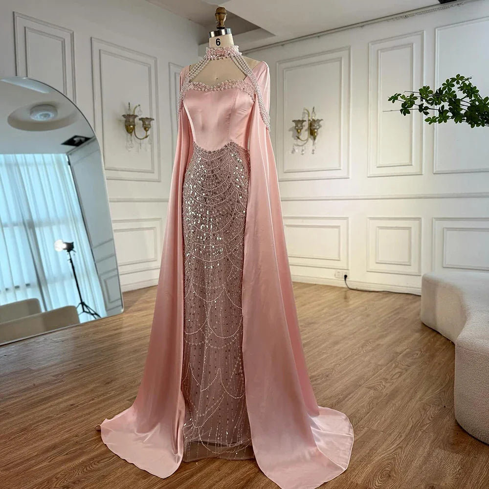 Luxuriöses rosa Abendkleid mit arabischen Perlen und Cape LA73051