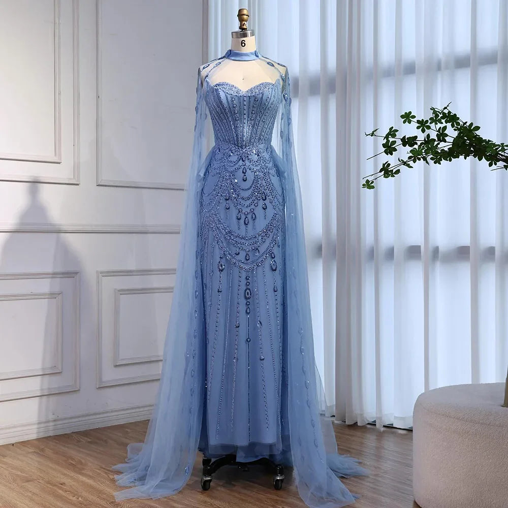 Luxuriöses blaues Pailletten-Abendkleid mit Cape-Ärmeln LA73108