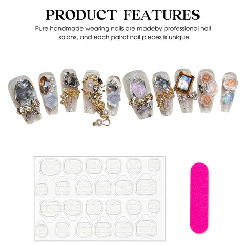 10pcs Medium Length Fake Nail Patch Y2k Style Handmade Press On Nail With Matal Butterfly Chain Decor Glossy Diamond False Nail