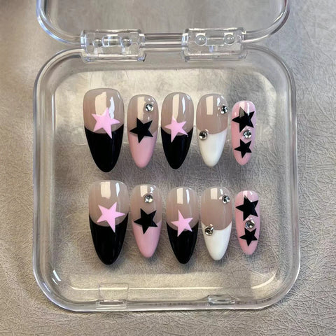 10 uñas postizas hechas a mano, estilo francés, en negro, blanco y rosa, con diseño de estrellas, almendra, para mujer. 